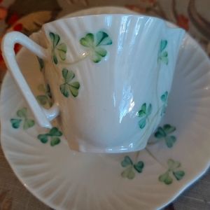 Belleek Harp Shamrock tea cup and saucer.
